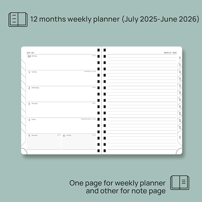 POPRUN Planner 2025-2026 Weekly Notebook (Medium 8.5''x 6.5''), Academic Calendar (JUL.25 - JUN.26) Appointment Book with Monthly Tabs, Spiral Soft Cover, Inner Pocket, 100 GSM - Petrol