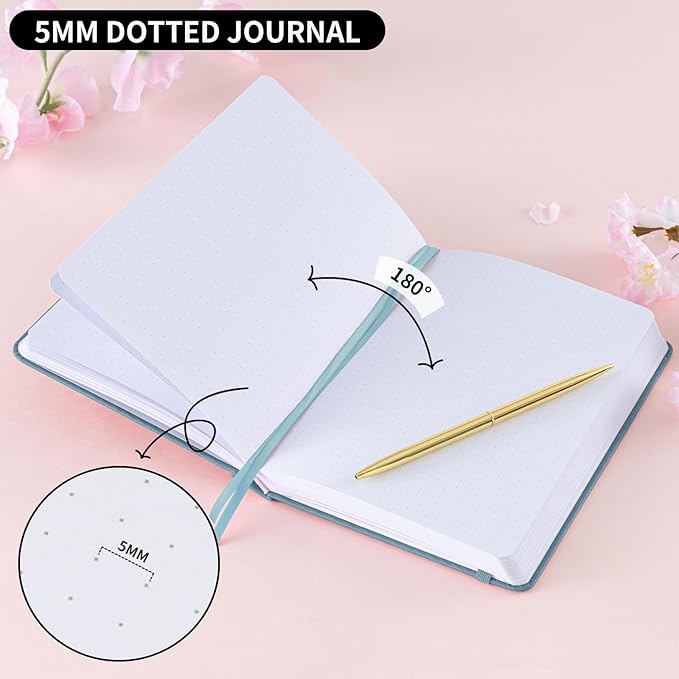 Dot Grid Journal with 160GSM Thick Paper, 192 Pages, A5 Dotted Notebook for Work, School, Travel | 180° Lay Flat, Foil Stamped Cover, Elastic Band, 2 Bookmarks & Inner Pocket,Dark Green