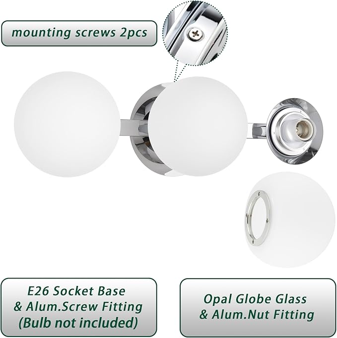 Globe Bathroom Vanity Light Fixtures, Modern 3 Lights Wall Lighting Chrome, Porch Wall Mount Light Fixture for Bathroom, Over Mirror Cabinets