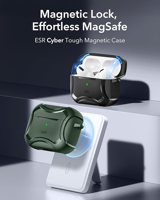 ESR for AirPods 4 Case, Compatible with AirPods 4th Generation Case (2024), Compatible with MagSafe, Powerful Drop Protection, Magnetic Lid, Cyber Series, Green