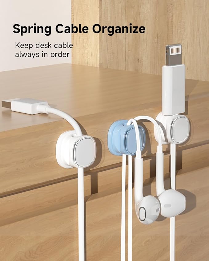 9 Pack Cord Organizer, Spring Cable Management, Adhesive Cute Cable Holder Clips, Phone Charger Wire Keeper for Desk Nightstand Car Office (9-Pack White_Blue)
