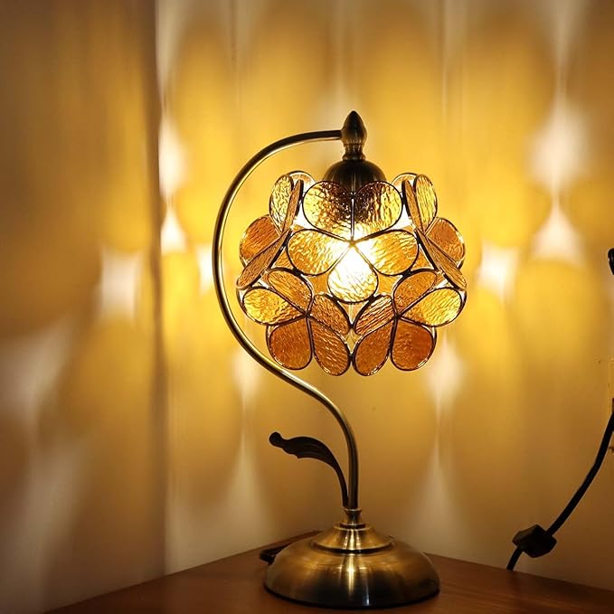 Bieye L10751 Tiffany Style Stained Glass Flower Petal Table Lamp with Brass Base for Home Décor (Amber, 8" Cherry Blossom)
