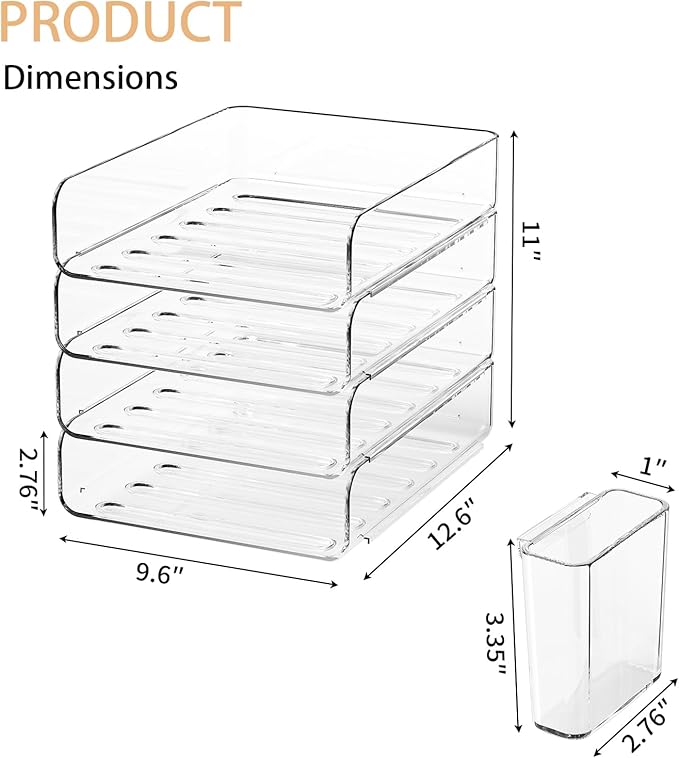4-Tier Acrylic Paper Tray Organizer with Pen Holder | Clear Stackable Desk Organizer for Documents, Letters, A4 Paper | Modern Office/Classroom/Home Organization