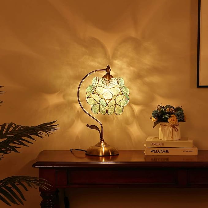 Bieye L10733 Tiffany Style Stained Glass Flower Petal Table Lamp with Brass Base for Home Décor (Light Blue, 8" Cherry Blossom)