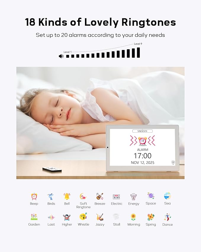 10.1" Digital Clock with Date and Day for Elderly, Remote Control Digital Calendar with 12 Themes & 9 Colors, AutoDST, 23 Preset Schedules & Customizable, Auto Dimming, Indoor Temperature, Humidity