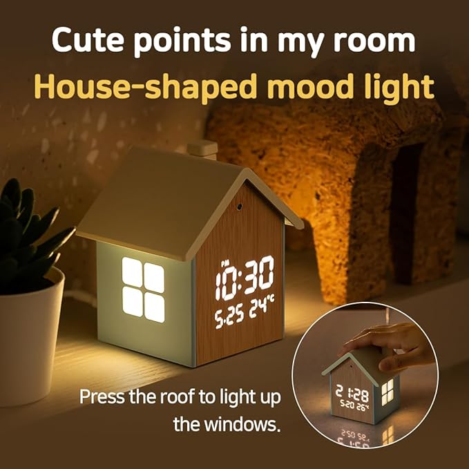FLAITO Mood Home LED Table Clock – House-Shaped Night Light Alarm Clock with Auto-Dimming, Snooze, Date & Temperature Display – White & Maple Options, USB-C Cable Included (White)