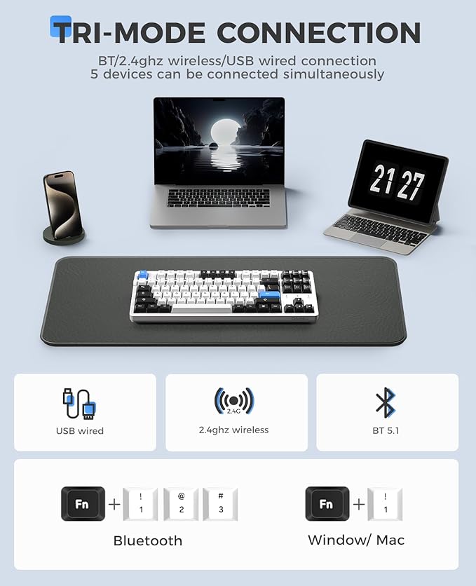 DAREU EK87PRO 80% Wireless Mechanical Keyboard,TKL Tri-Mode RGB Gaming Keyboard with Hot-Swappable South-Facing LEDs Socket,PBT Keycaps,Gasket Mount,6-Layer Padding,Custom Linear Switch for Win/Mac