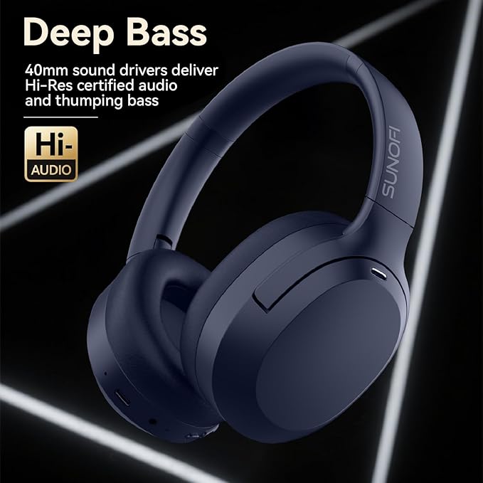 Hybrid Active Noise Cancelling Headphones, Wireless Over Ear Bluetooth Headphones with Mic, 40H Playtime, Hi-Res Audio, Deep Bass, Foldable Comfort Fit Ear Cups for Travel, Office, Home (Blue)