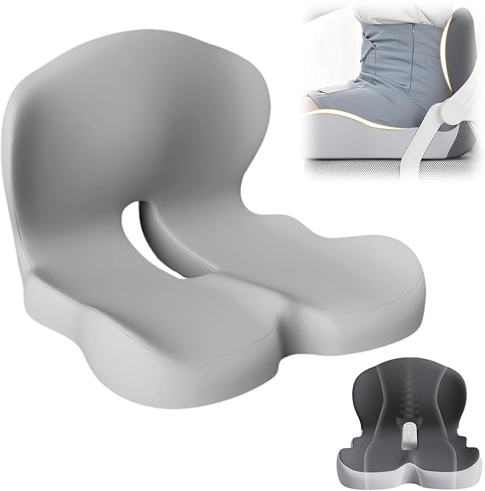 2025 New Back and Seat Cushion, Ergonomic Non-Slip Memory Foam Seat Cushion with Back Support, L-Shaped Breathable Backs Cushions for Car, Office, Home (Light Grey)