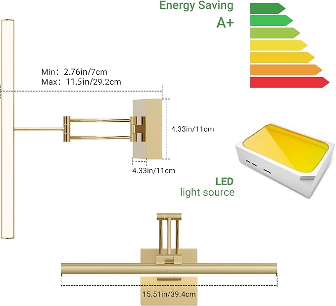 Tipace Hardwired Gold Picture Lights for Paintings - 15.7 inch 3CCT Dimmable Modern Gallery Light with Remote Control Led Wall Art Lighting Display Artwork