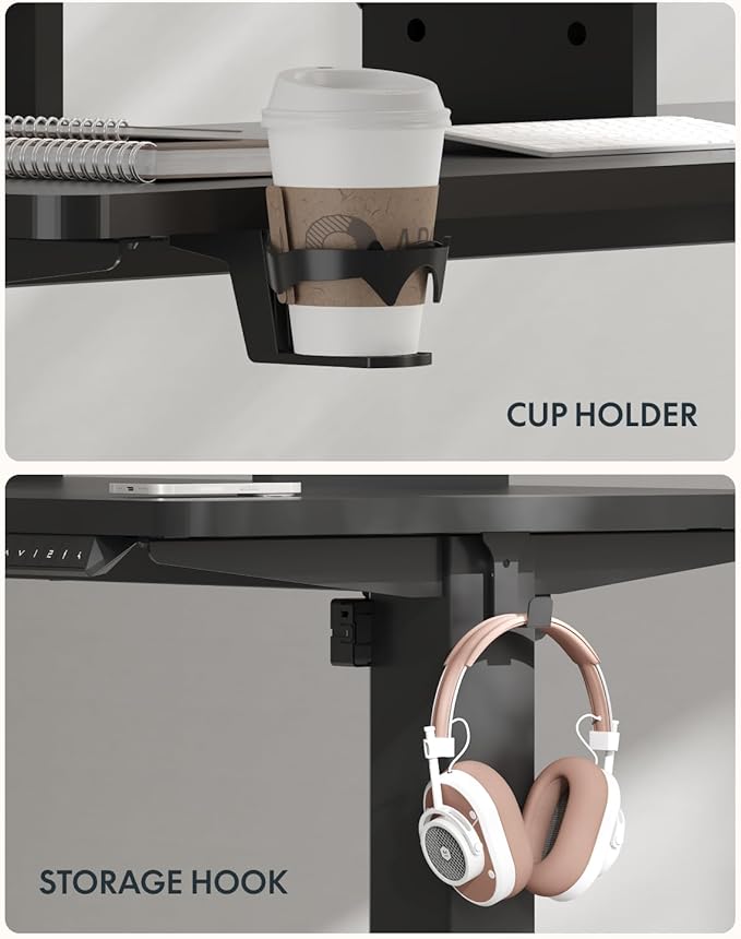 FLEXISPOT Standing Desk with Monitor Stand, 55 x 24 Inches One-Piece Electric Height Adjustable Computer Desk with Cup Holder, Home Office Desks (Black Frame+ Black Top)