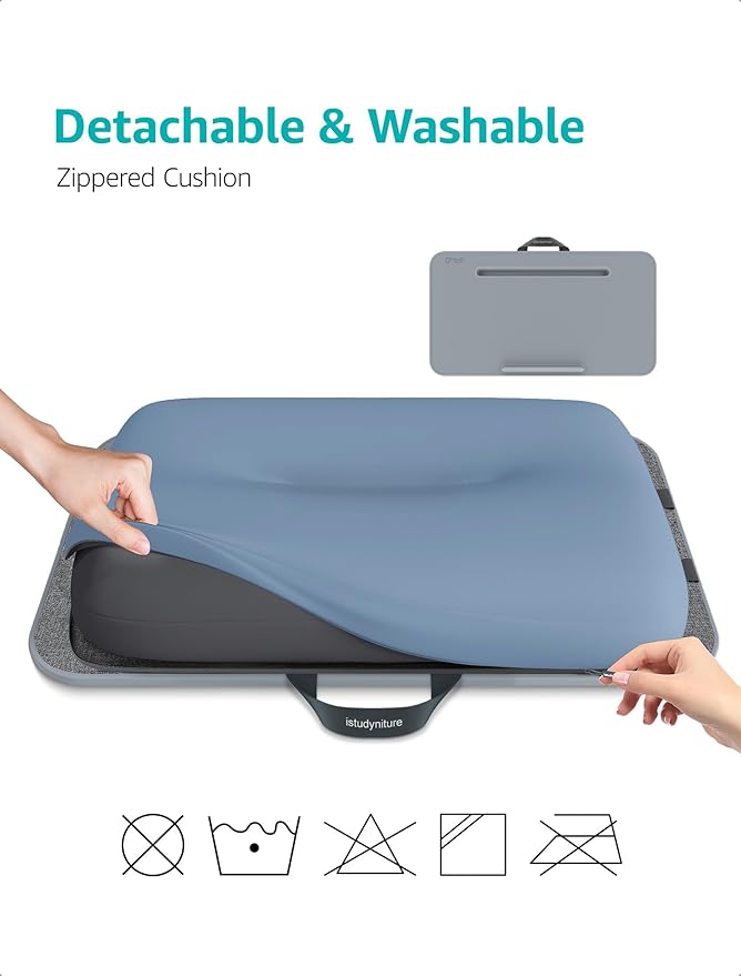 Istudyniture Lap Desk | Portable Laptop Desk & Stand – Fits Up to 17 inch – Washable Cushion, Built-in Phone Holder – for Bed, Couch, Sofa, Floor – Writing, Reading, Home Office – Large, Grayish Blue
