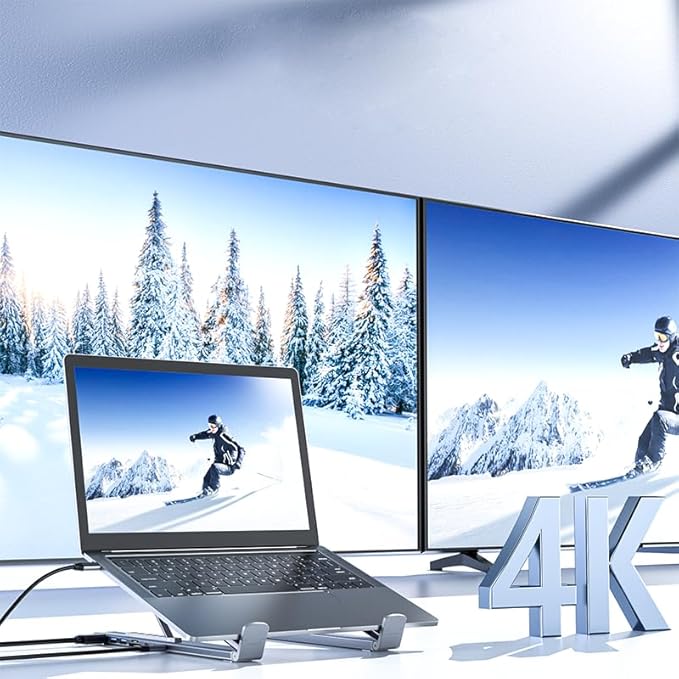 2025 8-in-1 USB-C Laptop Stand, Laptop Docking Station Stand,Adjustable Ergonomic Aluminum, with 4k Hdmi, 2 USB 3.0, Pd 100w, Heat Dissipation, Foldable for Home Office, Café, Travel (8 in 1)
