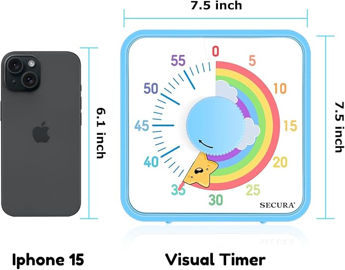 Secura 60-Minute Visual Timer, 7.5 Inch Magnetic Rainbow Countdown Timer for Classroom or Kitchen, Durable Mechanical Timer Clock with Magnetic Backing (Blue & Star)