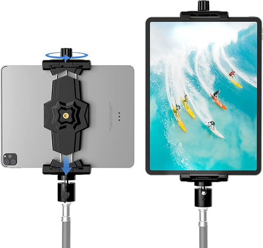 KDD iPad and Phone Tripod Mount Adapter with Ball Head, iPad Holder for Tripod, 360 Rotatable Tablet Clamp Mount fits iPad Pro 12.9, Air Mini 3 4, Galaxy Tab, Surface Pro, Selfie Stick(5.3-10.6")