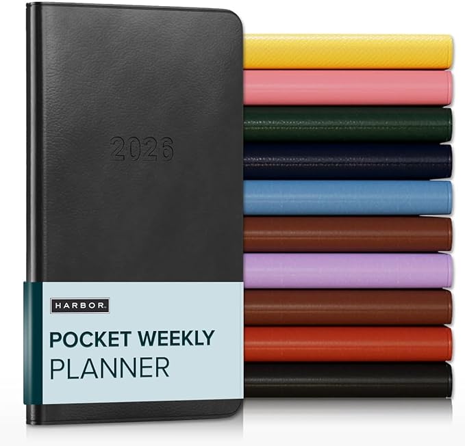 Harbor Pocket Weekly Monthly Planner 2025-2026 - Calendar Planner and Notebook, Durable Faux Leather, 192 Pages, Softcover & Book Bound - Cambridge Black - 6 x 3.25 "
