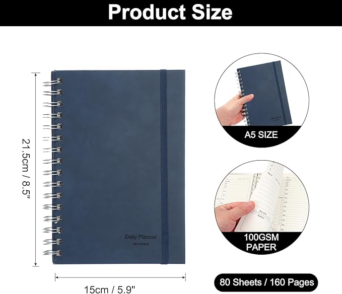 PATIKIL Undated Daily Planner with Hourly Schedule, A5 5.5"x 8.5" To-Do List Hard Cover Spiral Notebook Appointments Planner with Inner Pocket to Organize Daily Tasks Agendas, Navy Blue