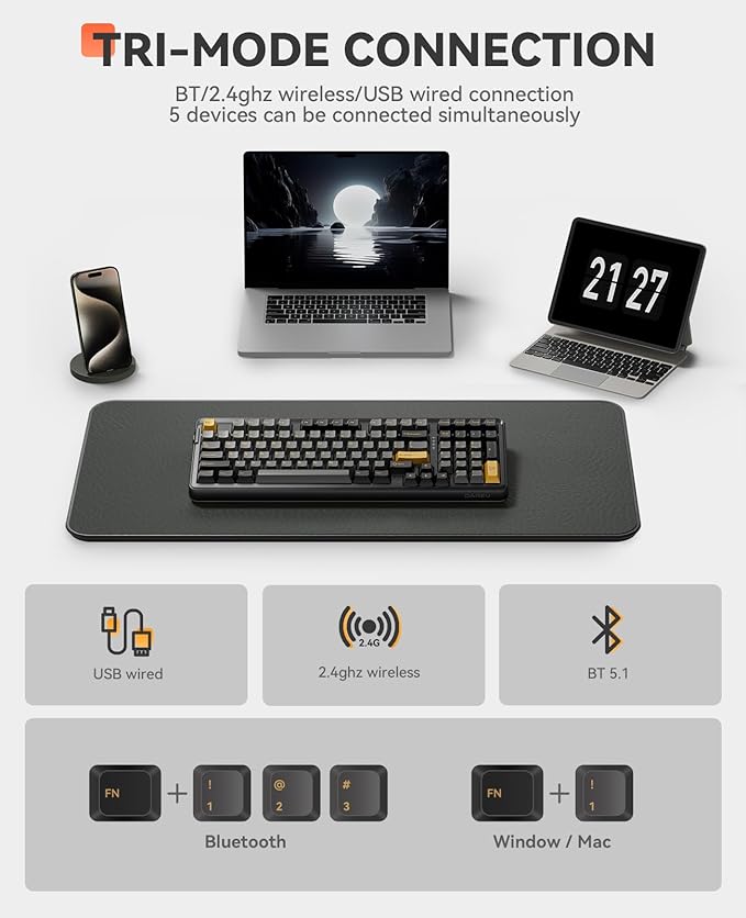 DAREU EK98pro Wireless Mechanical Keyboard,96% Creamy Gaming Keyboard with Number Pad,Tri-Mode BT/2.4GHz/USB-C,Pre-lubed Linear Switches,Gasket Structure,Hot Swappable Custom,Backlit for Win/Mac