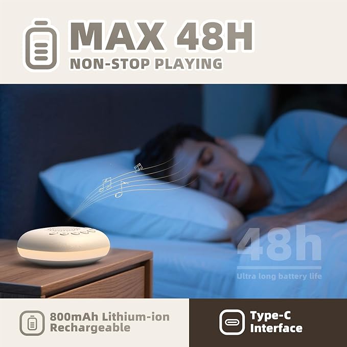 White Noise Sound Machine, Portable Sound Machine for Sleep Baby, Kids & Adults, 20 Travel Soothing Sounds Brown/Pink Noise/Lullaby, Rechargeable, Timer, Memory & Night Light for Home, Nursery