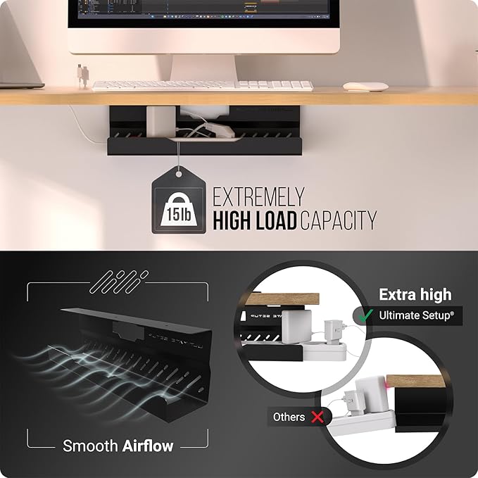 Under Desk Cable Management Tray no Drill – Wire Management - Cord Organizer – Huge Load Capacity – Under Desk Cable Tray no Drill (Black, 1 Piece Set)