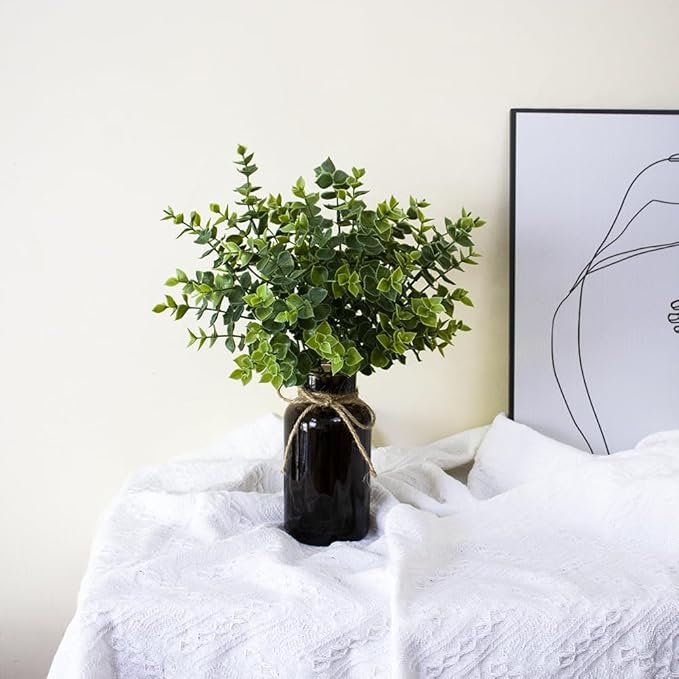 Fake Eucalyptus Stems in Black Glass Vase with Faux Water,14" Artificial Plants Eucalyptus Leaves for Home Office, Farmhouse and Wedding Centerpieces（Green）