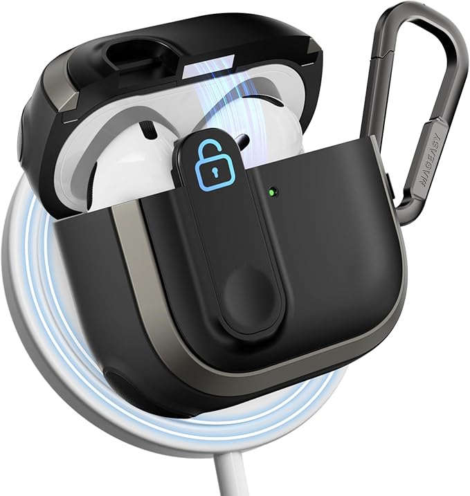 MAGEASY Design for AirPods 4 Case Cover - Rugged AirPods 4 Case with Lock | Work with Cable & Wireless Charging (Only ANC Charge Wirelessly) | Include Carabiner - Odyssey, Metal Black