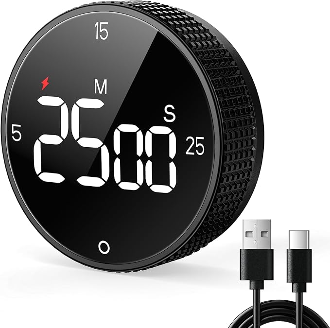 Rechargeable Magnetic Kitchen Timer for Cooking, Building 800mAh Battery Large Display Digital Countdown Countup Timer, 3 Preset 5/15/25 Mins Loud Alarm for Baking Grilling Studying