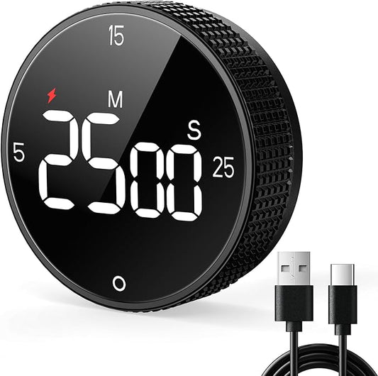 Rechargeable Magnetic Kitchen Timer for Cooking, Building 800mAh Battery Large Display Digital Countdown Countup Timer, 3 Preset 5/15/25 Mins Loud Alarm for Baking Grilling Studying