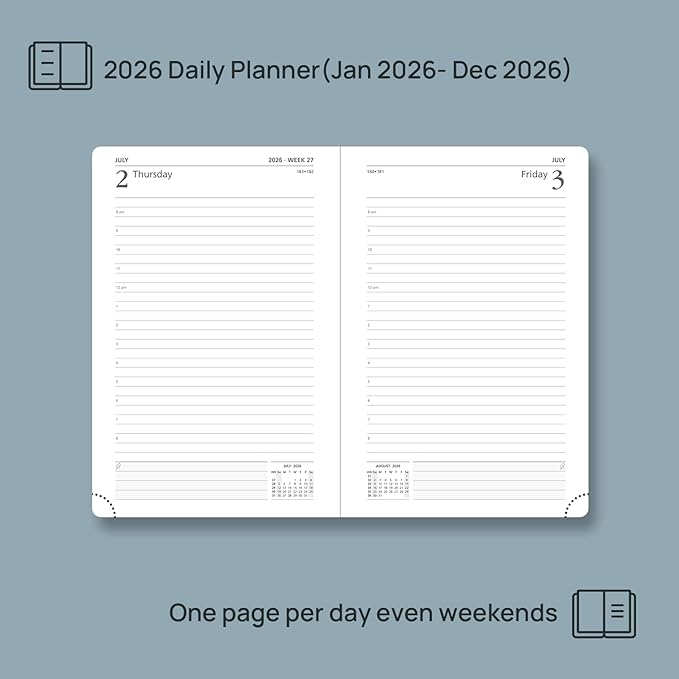 POPRUN 2026 Daily Planner One Page Per Day A5 Size Calendar (5.75" x 8.5") - 12 Months Hourly Appointment Book with Hardcover, Pocket, Pen Holder - Haze Blue