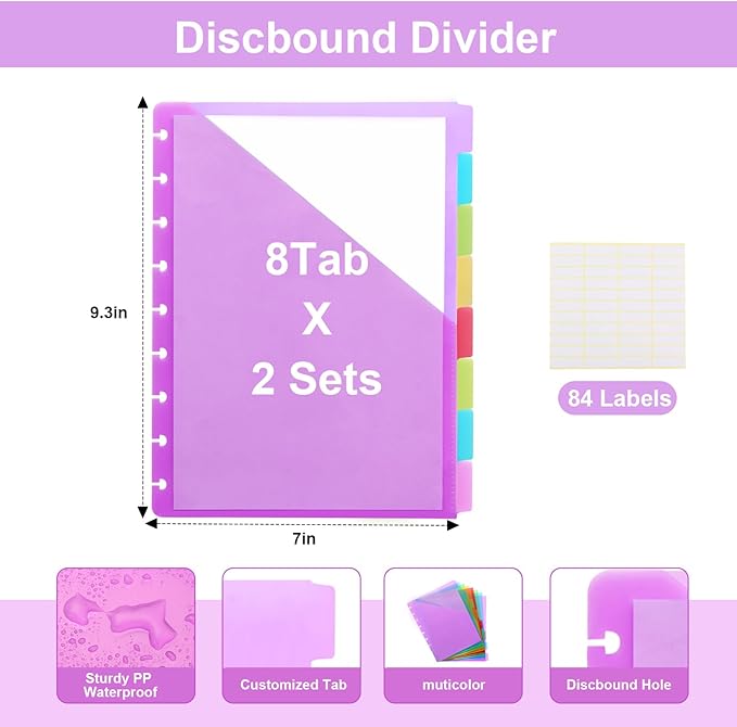 9 -Discbound Pocket Divider with 8 Tabs, 2 Set 7" X9.25 Inches Tul Notbook Binder Divider Folder Dis Planner Inserts for for Document Discbound System, Office Home School（16Pcs
