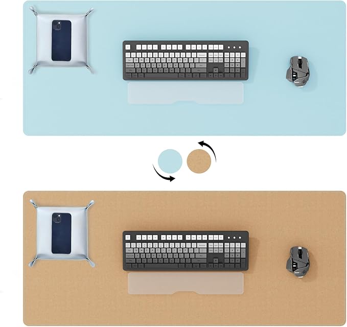 DAWNTREES Dual Sided Desk Mat,Leather Desk Pad,Cork Desk Mat Protector,with PU Leather Valet Tray Organizer,Large Mouse Pad,Desk Writing Pad for Office and Home(Light Blue 31.5"x15.8")