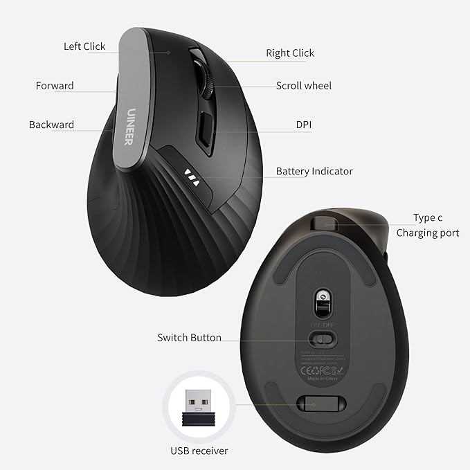 Ergonomic Wireless Mouse,Vertical Mouse,4 Level DPI,2.4GHz USB Receiver,Ergonomic Design for Comfort and Reduced Wrist Strain Ideal for Computer, Laptop, PC and Desktop (Black)
