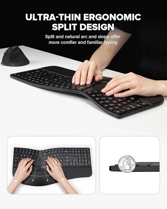 DeLUX Full Size Wireless Ergonomic Keyboard with Palm Rest, Ultra-Thin Split Keyboard, Bluetooth and 2.4G Connection, Rechargeable Battery, Natural Typing (GM909-Black)