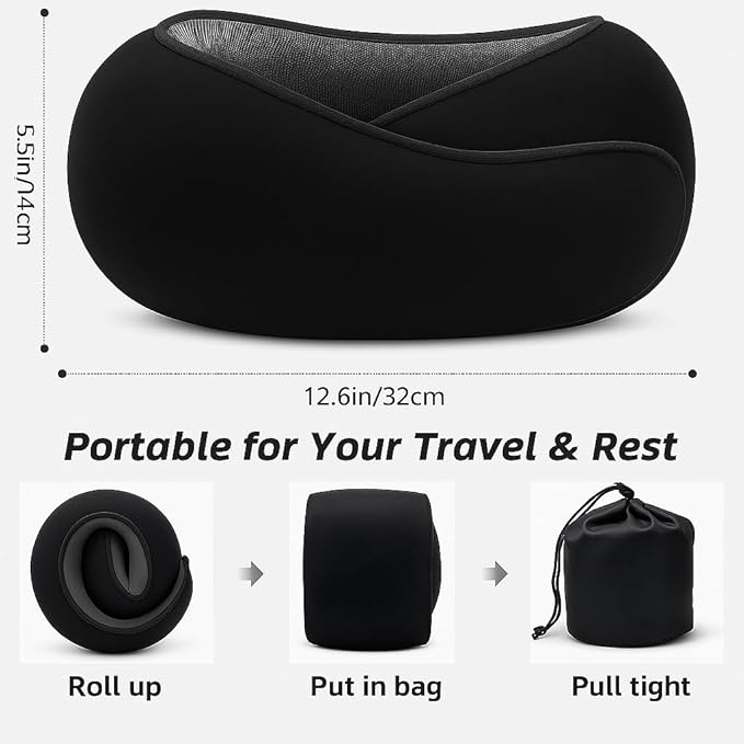 Travel Pillow, Travel Pillows for Airplanes, 100% Pure Memory Foam Travel Neck Pillow with Eye Mask & Ear Plugs, Comfort and Ergonomic Design, Ideal for Airplanes, Cars and Offices