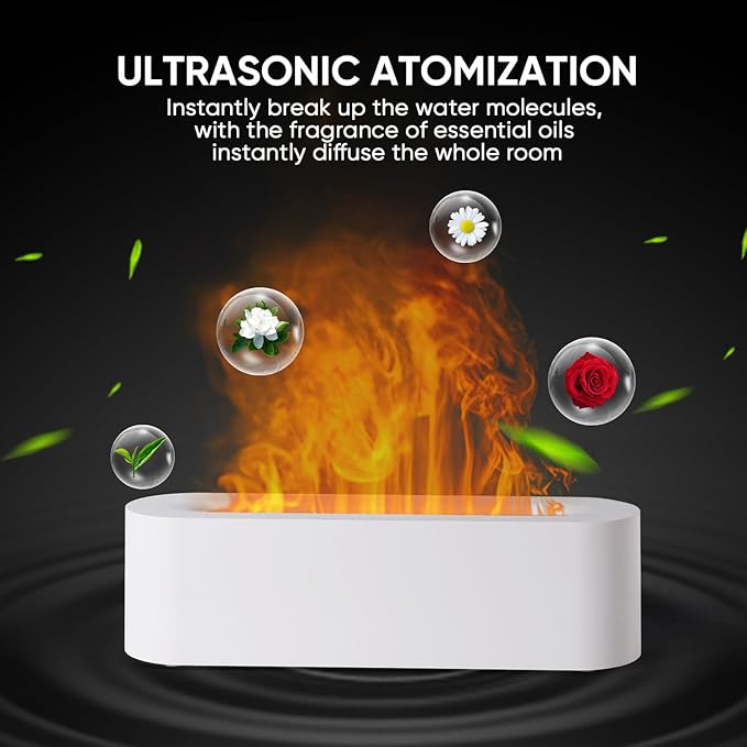 Essential Oil Diffuser, Fireplace Fire Flame Aromatherapy Diffuser, 150ml Ultrasonic Cool Mist Humidifier, Scent Aroma Diffuser with 7 Colors Light, Timer & Auto-Off for Home, Room (White)
