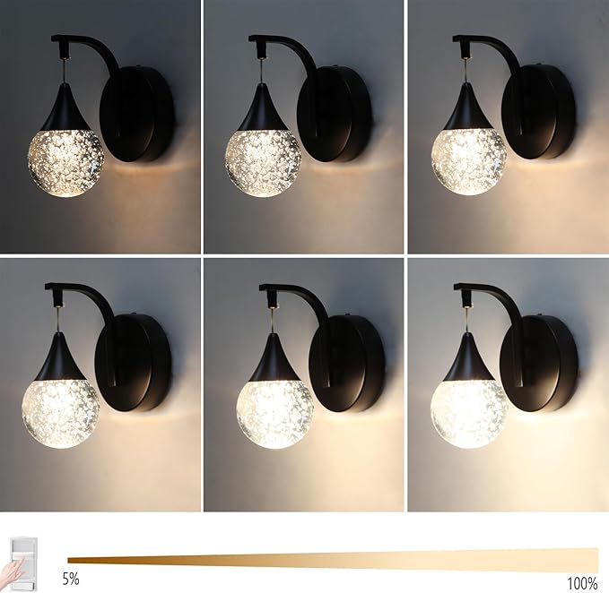 Crystal Wall Sconce Indoor, Bubble Modern Wall Sconces, Dimmable 5W LED Wall Light for Bedroom Bathroom Living Room Dining Room Hallway, Black