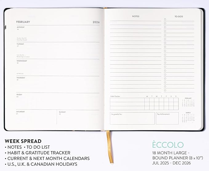 Eccolo 2025-2026 Large Agenda Planner, 18 Month, Yearly, Monthly & Weekly Pages, Habit & Gratitude Tracker (Linen Flexi-Cover- 8 x 10")