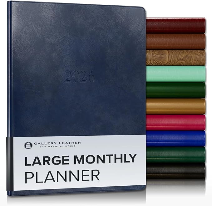 Gallery Leather Large Monthly Planner 2025-2026, Elegantly Bound Calendar Planner and Notebook with Stylish Gold-Gilded Page Edges, 18 Months - Acadia Navy - 9.75x7.5"