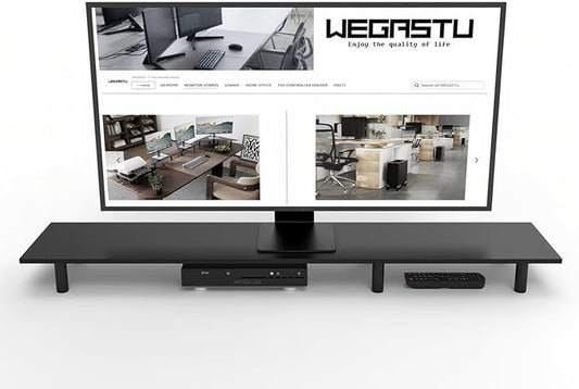 Large Dual Monitor Stand Riser 43.3IN， Home Office Storage For Desk Accessories，Solid Wod Desk With Adjustable Legs For computer/PC/Laptop/Printer/Container/dressing table (Black)