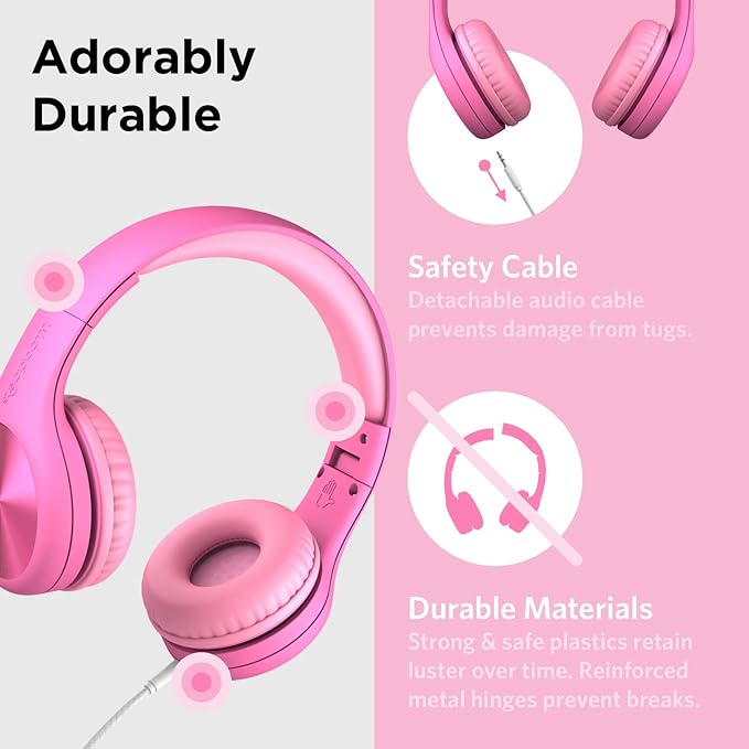 LilGadgets Connect+Wired Kids Headphones for School with Microphone, Volume Limiting & Noise Reduction Over-Ear Headset with Cord, SharePort Technology & SoftTouch Padding, Pink - Kid Headphones