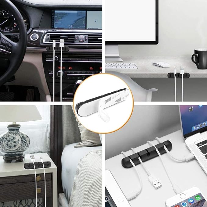Cord Holder Cable Organizer Clips – Self Adhesive Cord Organizer for Desk, Car, Nightstands, Office, Black Silicone Cord Keeper Cable Clips Wire Holders for Charger Cords (7-5-3-1-1 Slots)