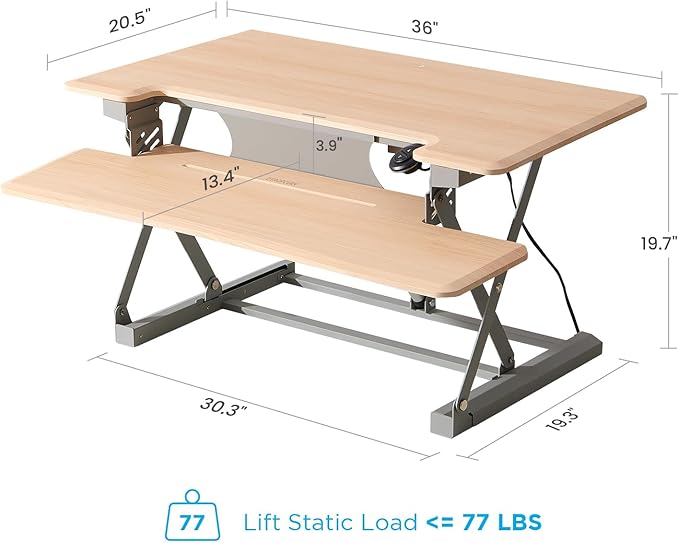 36" Electric Standing Desk Converter, Dyropcurv Series Height Adjustable Computer Desk Ergonomic Home Office Desk for Adults, Sit to Stand Desk with Quiet Motor, Light Wood