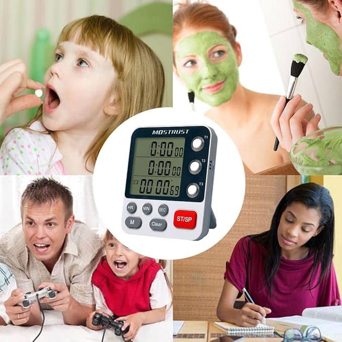 Digital Dual Kitchen Timer, 3 Channels Count Down/Up Triple Timer for Cooking, Magnetic Memory-Preset Large Display Adjustable Alarm Volume, Multi Times Management, 3A Battery Included, White