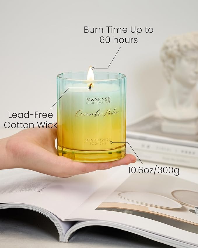 M&SENSE Cucumber Melon Scented Candle - 10.6oz Natural Soy Wax 60-Hour Long Lasting Burn Non Toxic Highly Scented Freshing Candle for Summer, Holiday Gifts & Aromatherapy
