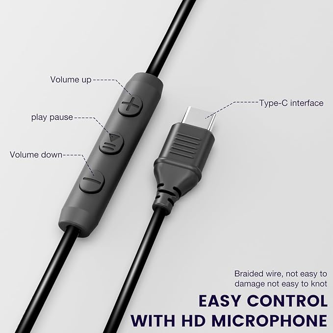 INFURTURE USB C Headphones with Mic,Volume Control,Tangle-Free Plaiting Line,Type C Headphones Wired,Lightweight Foldable for iPhone 15/16 Headphone Series/Tablet/School/Travel/Sports/Audiobooks