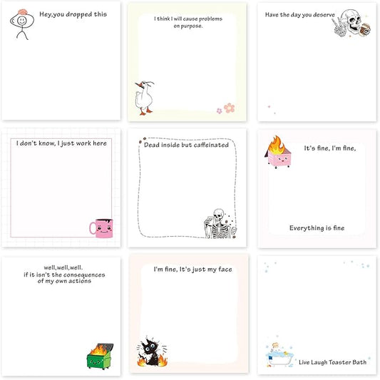 Funny Sticky Notes Gifts - 9 Pack Funny Sticky Notes 3x3 Inch Funny Office Gifts for Coworkers Everything is Fine Post Notes Work Gag Self-Stick Memo Pad Office School Supplies 450 Sheets