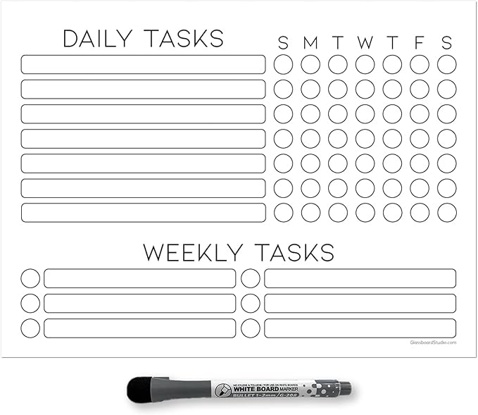 Dry Erase Whiteboard Task Planner by Glassboard Studio | Removable and Restickable Adhesive Decal | Fine-Tip Magnetic Marker Included (9 x 12 inches, White)