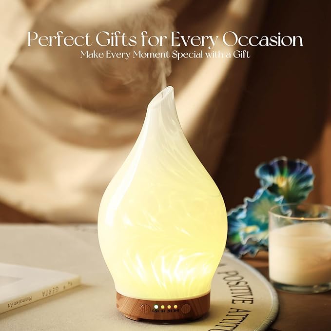 Porseme 150ml Essential Oil Diffuser Glass Color Changing Aroma Air Diffusers Aromatherapy Ultrasonic Cool Mist Humidifier 6 Running Hours Waterless Auto-Off for Sleeping Yoga Office Spa (White Wave)