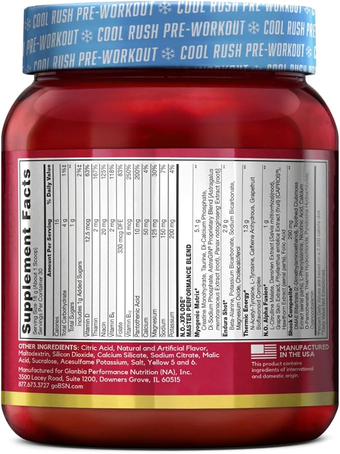 BSN N.O.-XPLODE Cool Rush Pre Workout Powder, Preworkout Energy Supplement for Men and Women with Creatine and Beta-Alanine, New Flavor: Mango Citrus Smash, 30 Servings