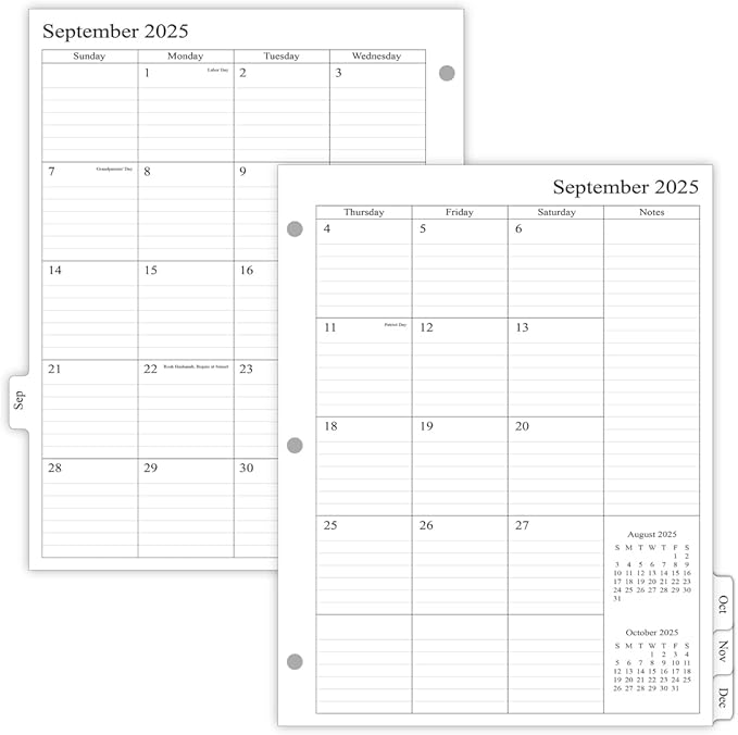 newestor 2025-2026 Monthly Planner Refill for 3 Ring Binder, Sep 2025 - Dec 2026, Two Pages Per Month, 8-1/2" x 11", Monarch/Folio Size 5
